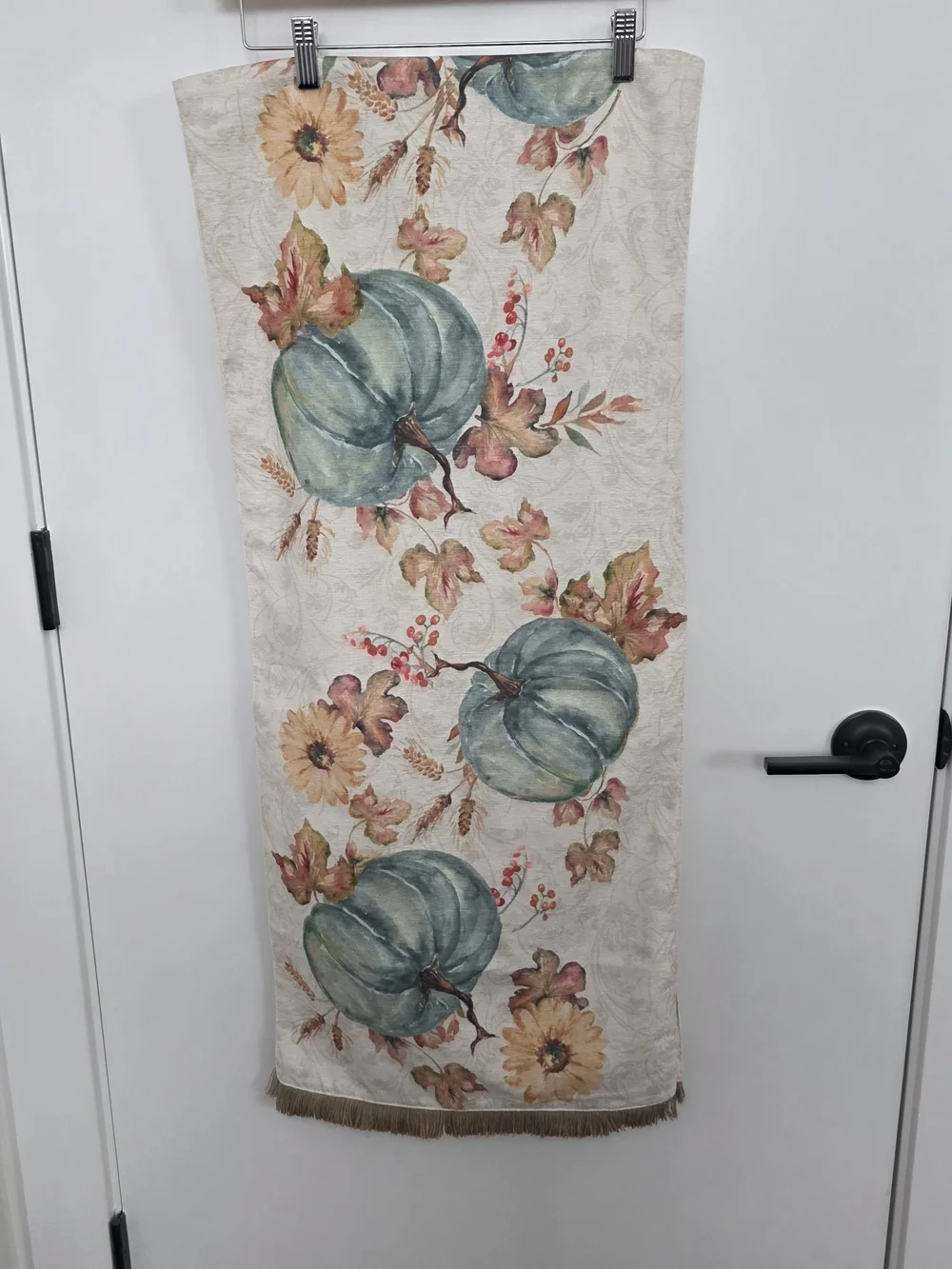 Nicole Miller Teal and Cream Pumpkin Floral Tablw Runner